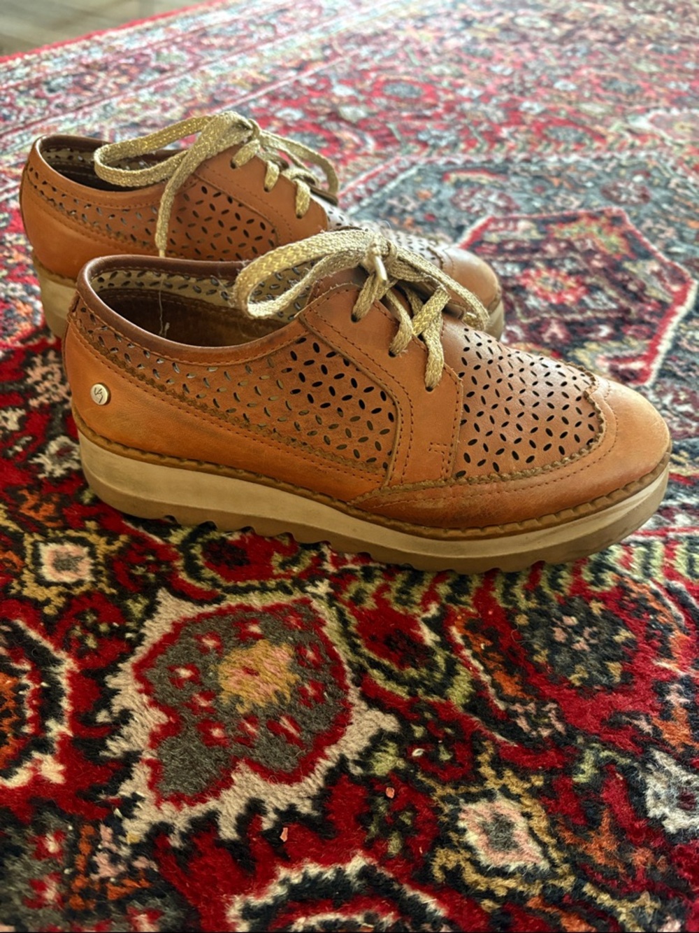 Perforated Leather Lace-Up Flats in Tan